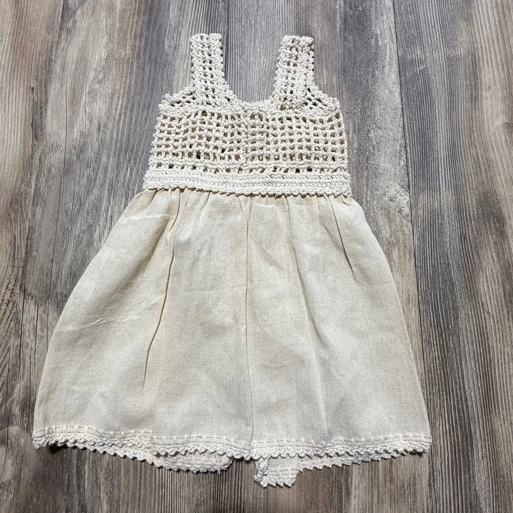 Cottagecore Cuba Crochet Bodice Dress Cream Linen Boho Whimsical